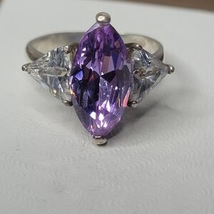 Vintage Sterling Silver 3 Stone Ring Purple White Cubic Zirconia Ring Sz 8.5